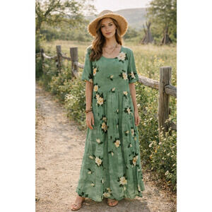 YESNO Green Floral Boho Tiered Maxi Sundress w Pockets Size XL Flowy Casual